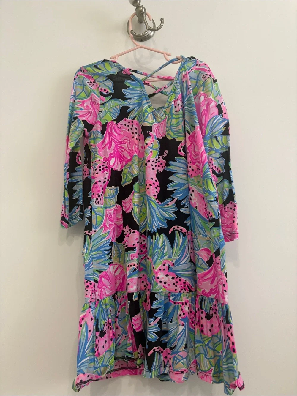 Lilly Pulitzer Black Tropical Pink & Blue Floral Ruffle Hem Dress